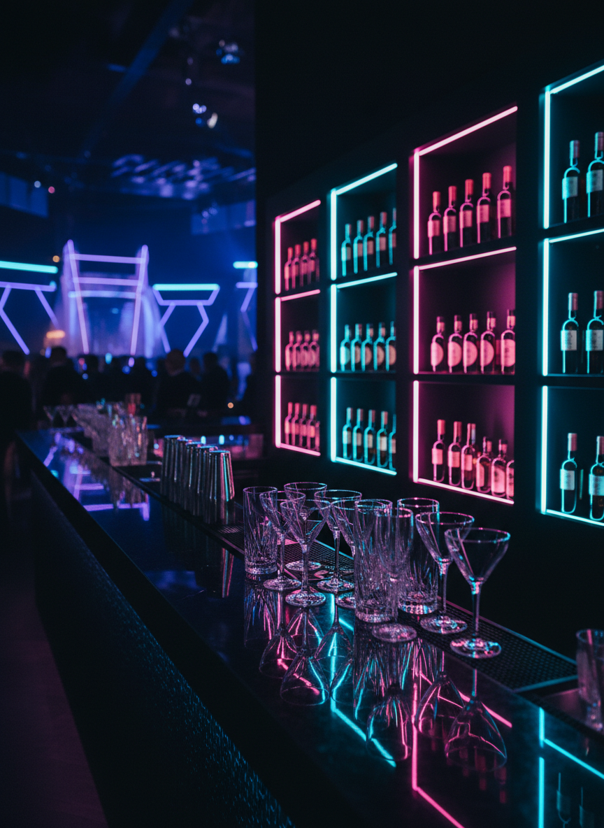 A close-up photographic scene of a minimalist, high-end event bar set for a nocturnal corporate celebration: flawless black stone countertop, rows of crystal-clear glassware aligned with precision, stainless steel shakers, and illuminated premium bottles embedded in a backlit matte-black shelving wall. Neon magenta and cyan accent lights wash across the surfaces, creating sharp reflections and a subtle color gradient on the stone. The background is intentionally blurred, hinting at an expansive dark venue with glowing geometric shapes. Captured at eye level with shallow depth of field, the composition feels bold and cinematic, evoking a sense of curated luxury and high-focus professionalism, all prepared for an exclusive after-congress night.