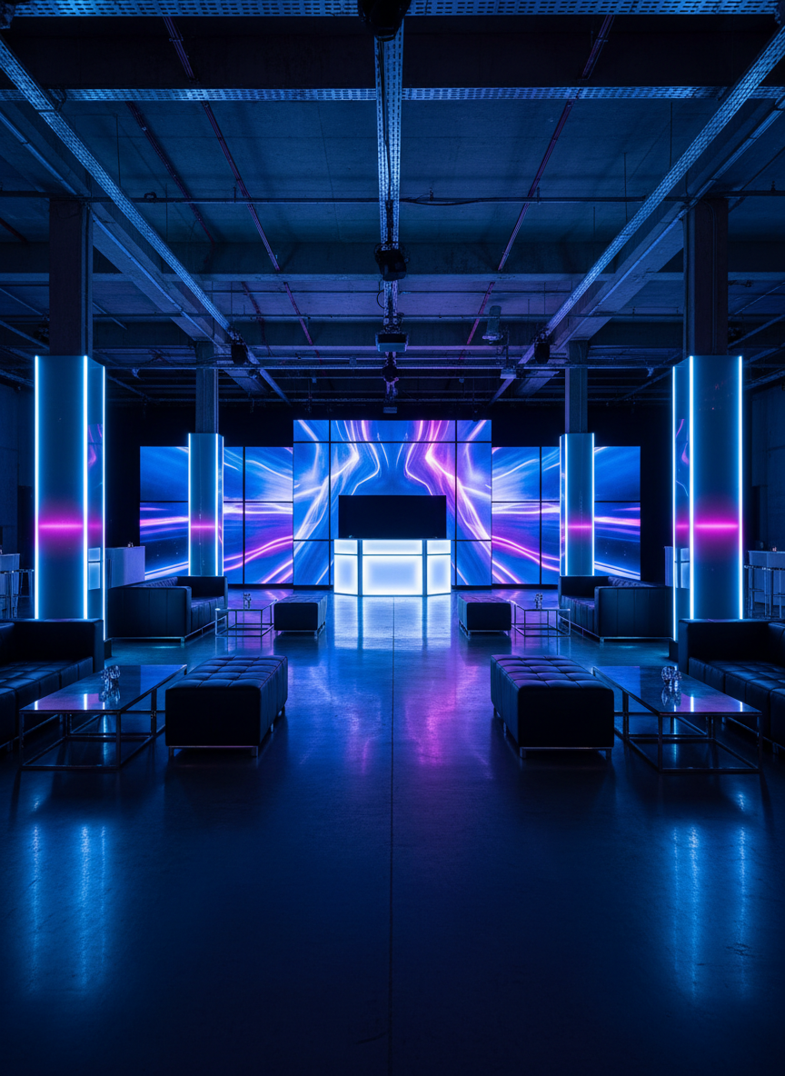A wide photographic shot of a futuristic conference after-party lounge in a converted industrial warehouse, featuring modular black leather seating, low reflective chrome tables, and towering LED light columns pulsing in synchronized gradients of electric blue and deep violet. The polished concrete floor mirrors the light, adding depth and drama. Overhead, exposed beams and cable trays are illuminated by discreet spotlights with hard-edged shadows. In the far background, a glowing, minimalist DJ booth stands empty, framed by massive screens displaying abstract light patterns. The composition uses leading lines from the floor and ceiling toward the booth, with crisp clarity and vibrant color contrast, creating a bold, immersive environment designed for professional nocturnal networking events without any visible guests.