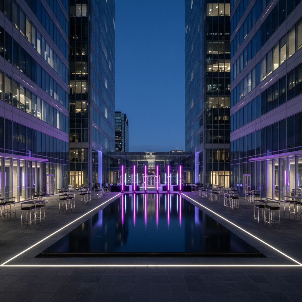 A dynamic photographic scene of an outdoor corporate night event courtyard framed by towering contemporary buildings, where a central rectangular reflecting pool mirrors columns of intense fuchsia and cobalt blue light. Around the pool, minimalist high-top tables with matte black surfaces and chrome bases are precisely spaced on a dark stone terrace. Discreet in-ground LEDs outline pathways with razor-sharp edges of light. The sky is in deep twilight, with the last trace of blue fading behind the skyline. Captured from a slightly elevated angle using the rule of thirds, the composition highlights the interplay of geometry and reflection. The atmosphere is bold, electric, and meticulously organized, embodying AFTER LAB’s signature nocturnal professional event style without any attendees present.