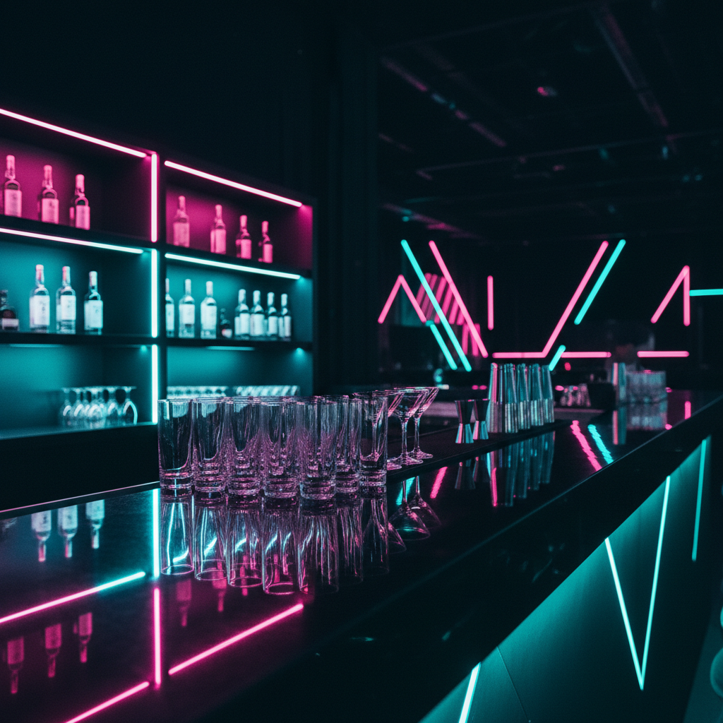 A close-up photographic scene of a minimalist, high-end event bar set for a nocturnal corporate celebration: flawless black stone countertop, rows of crystal-clear glassware aligned with precision, stainless steel shakers, and illuminated premium bottles embedded in a backlit matte-black shelving wall. Neon magenta and cyan accent lights wash across the surfaces, creating sharp reflections and a subtle color gradient on the stone. The background is intentionally blurred, hinting at an expansive dark venue with glowing geometric shapes. Captured at eye level with shallow depth of field, the composition feels bold and cinematic, evoking a sense of curated luxury and high-focus professionalism, all prepared for an exclusive after-congress night.
