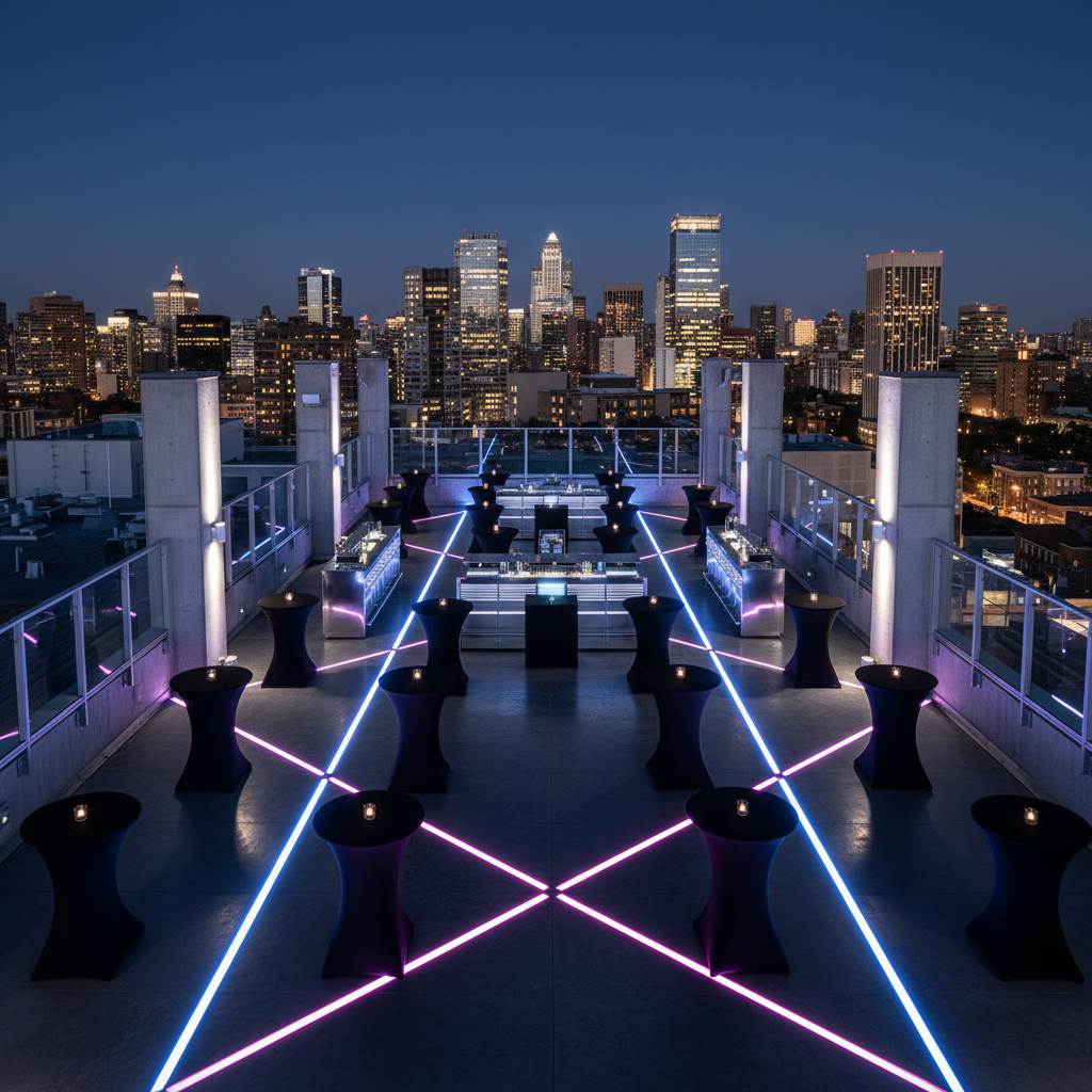 A dramatic aerial photographic view of a sleek rooftop terrace prepared for a high-end night congress after-party, with immaculate black cocktail tables, glossy chrome bar stations, and geometric LED floor patterns glowing electric blue and magenta. The terrace overlooks a modern city skyline glittering with lights under a deep indigo sky. Strong, directional architectural uplighting grazes concrete walls and metal railings, casting crisp shadows and reflections. Shot with a wide-angle lens, sharp focus throughout, the composition emphasizes bold lines and symmetry. The mood is sophisticated, high-energy, and exclusive, showcasing an urban playground meticulously staged for professional nocturnal events, with no people present, just the powerful anticipation of the night.