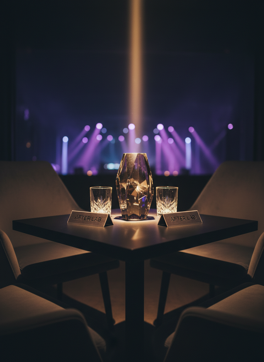 A moody photographic detail of a reserved VIP zone at a professional night event: a low, matte-black table set with brushed metal reservation plaques engraved with “AFTER LAB”, heavy crystal tumblers, and a single sculptural smoked-glass centerpiece casting intricate shadows. The seating is deep charcoal velvet with sharp, angular silhouettes. A narrow beam of focused warm spotlighting cuts through the dark, igniting subtle highlights on metal and glass, while the background dissolves into soft bokeh of purple and blue lights from the distant stage. Shot from a slightly low angle with tight framing, the image feels bold, intimate, and exclusive, perfectly capturing the refined intensity of high-level nocturnal congress gatherings without showing any people.